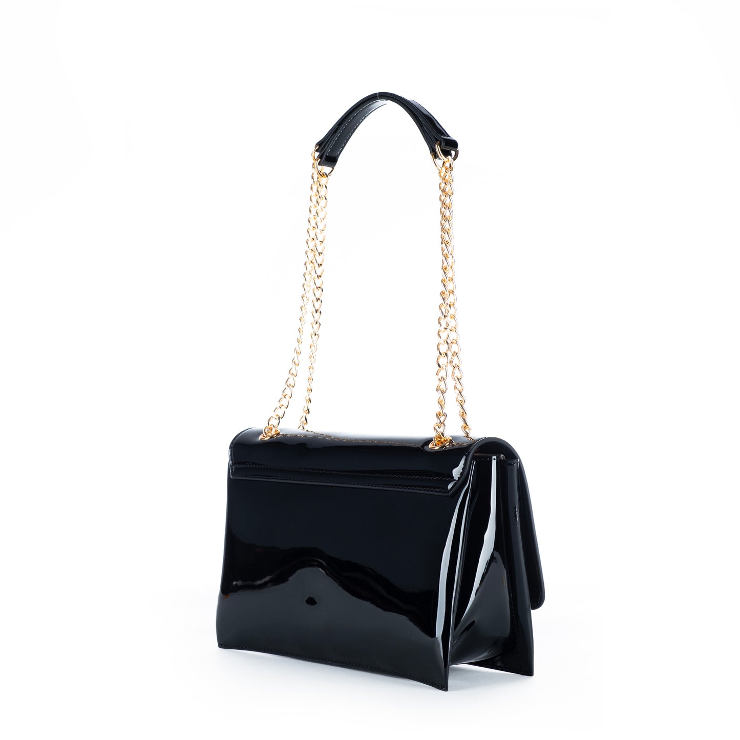 Bolsa Tiracolo Love Moschino Preta com Logo Dourado e Acabamento Brilhante