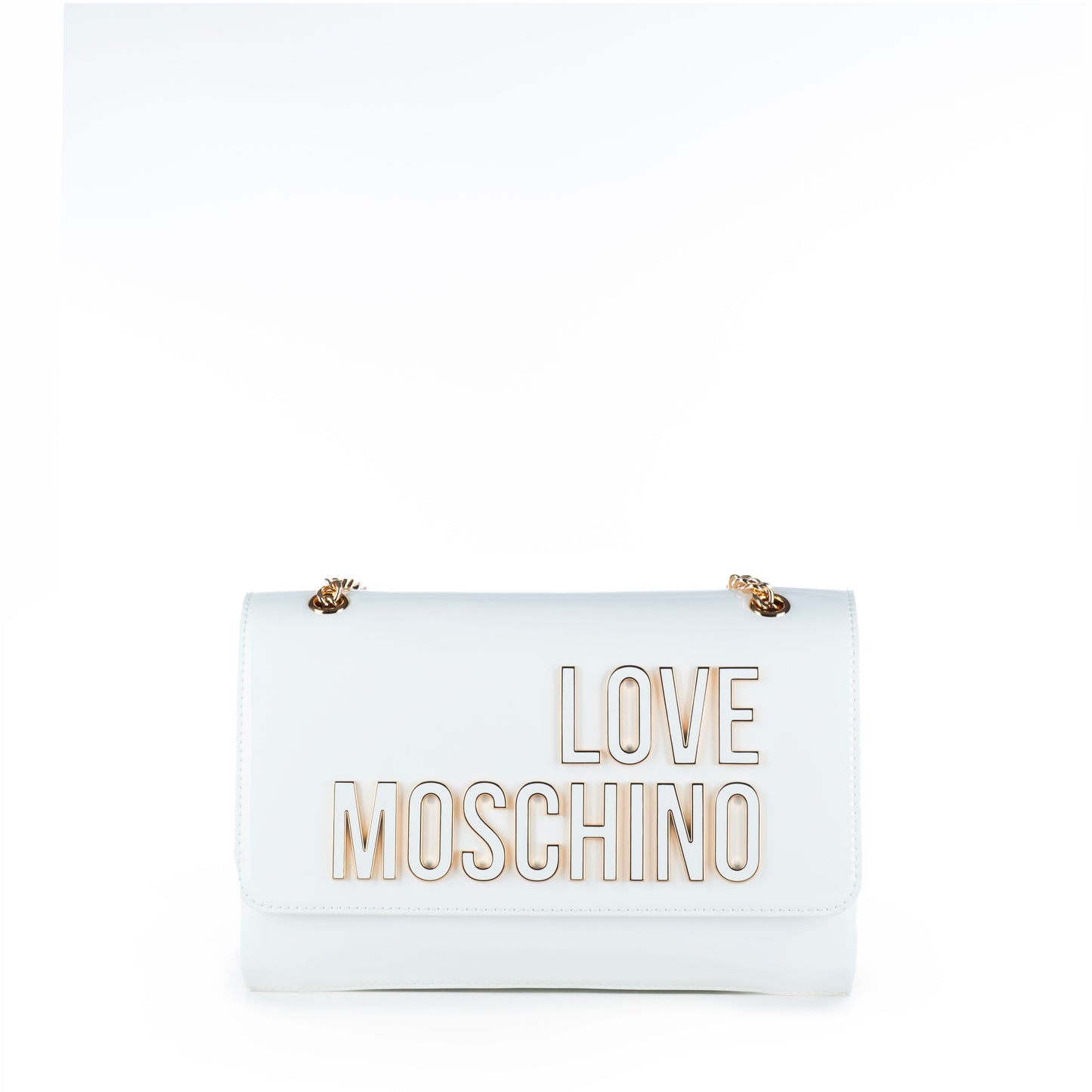 Bolsa Tiracolo Love Moschino Branca com Logo Dourado e Acabamento Brilhante