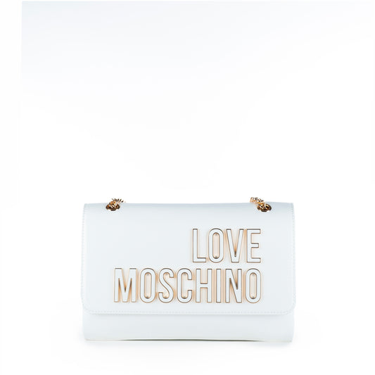Bolsa Tiracolo Love Moschino Branca com Logo Dourado e Acabamento Brilhante