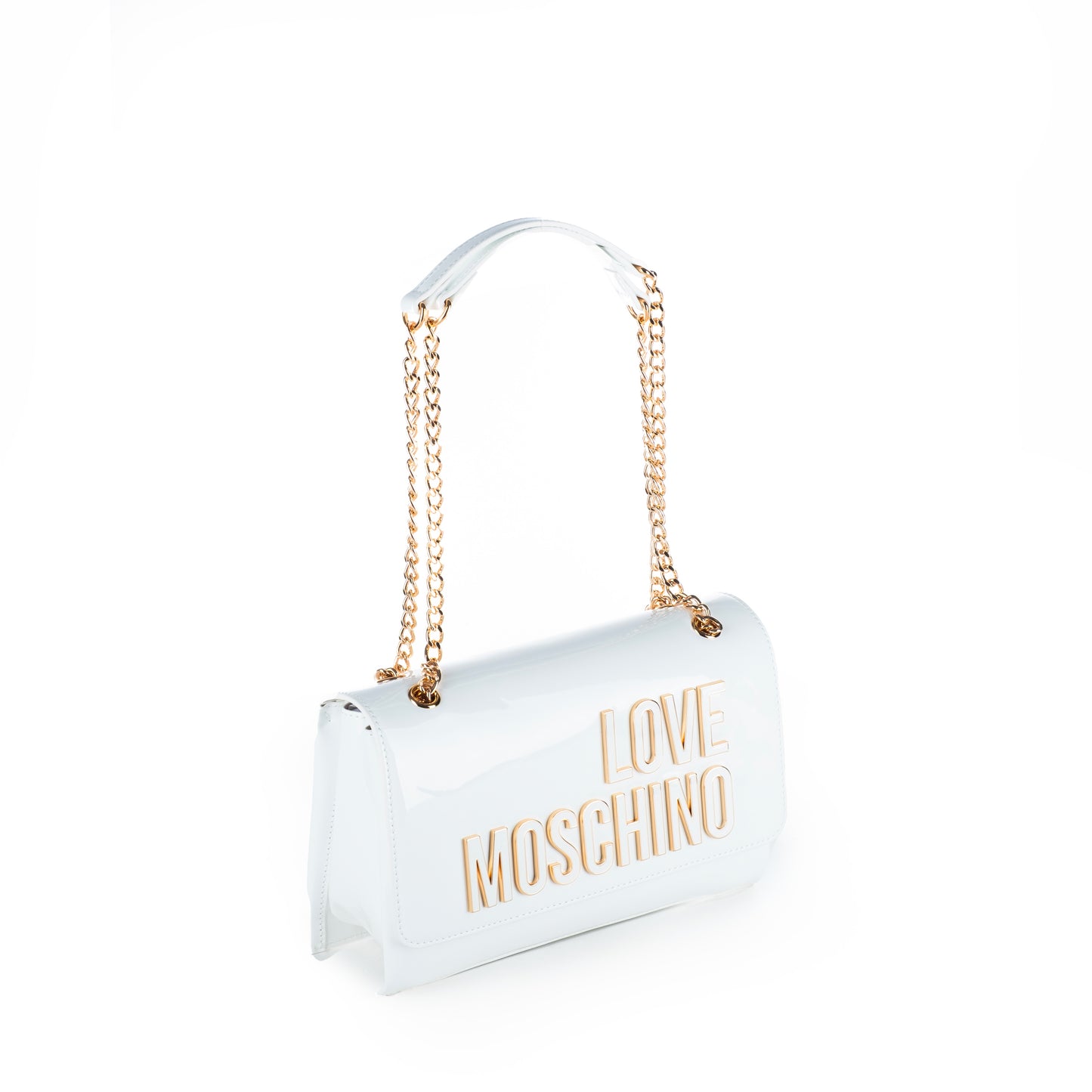 Bolsa Tiracolo Love Moschino Branca com Logo Dourado e Acabamento Brilhante