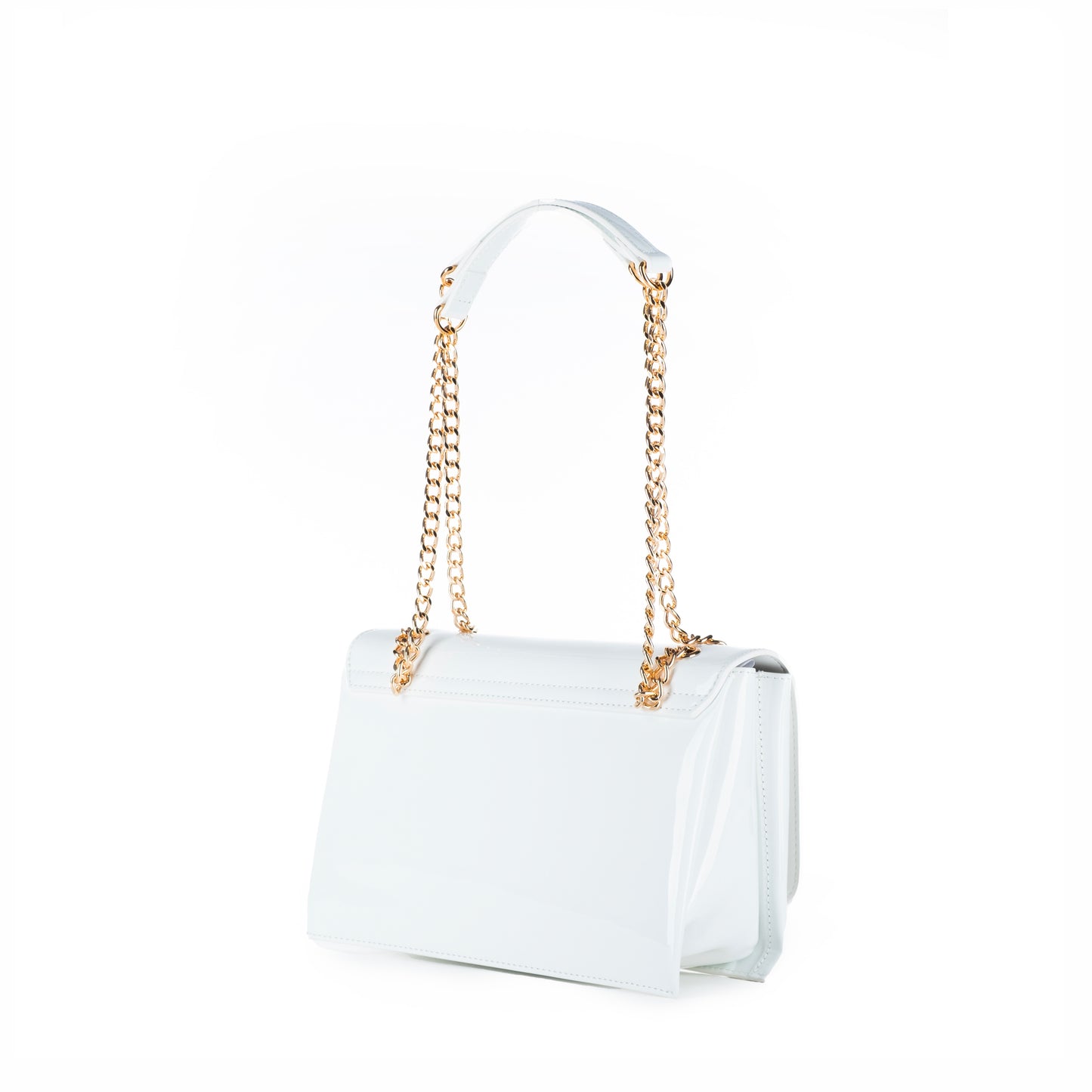 Bolsa Tiracolo Love Moschino Branca com Logo Dourado e Acabamento Brilhante