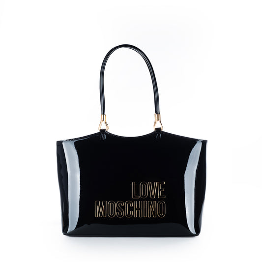Bolsa Tote Love Moschino Preta com Logo Dourado e Alça de Ombro