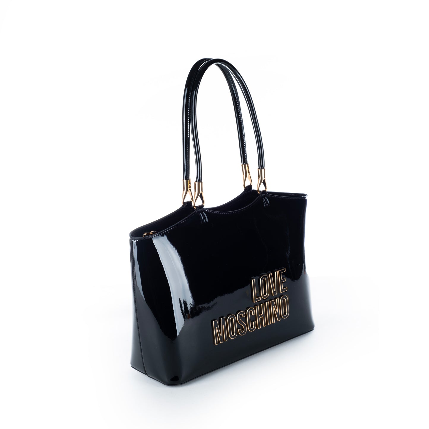 Bolsa Tote Love Moschino Preta com Logo Dourado e Alça de Ombro