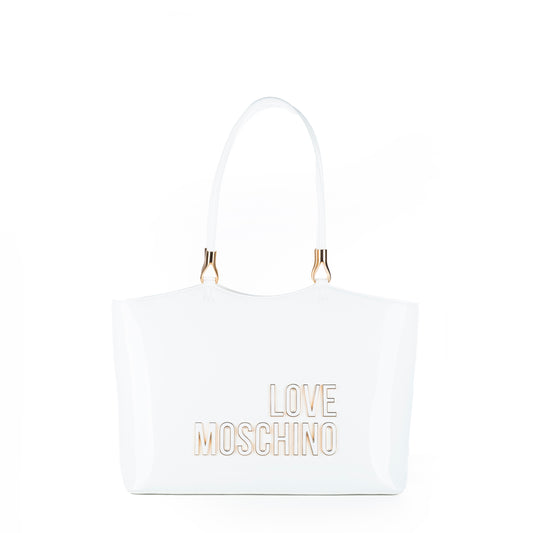 Bolsa Tote Love Moschino Branca com Logo Dourado e Alça de Ombro