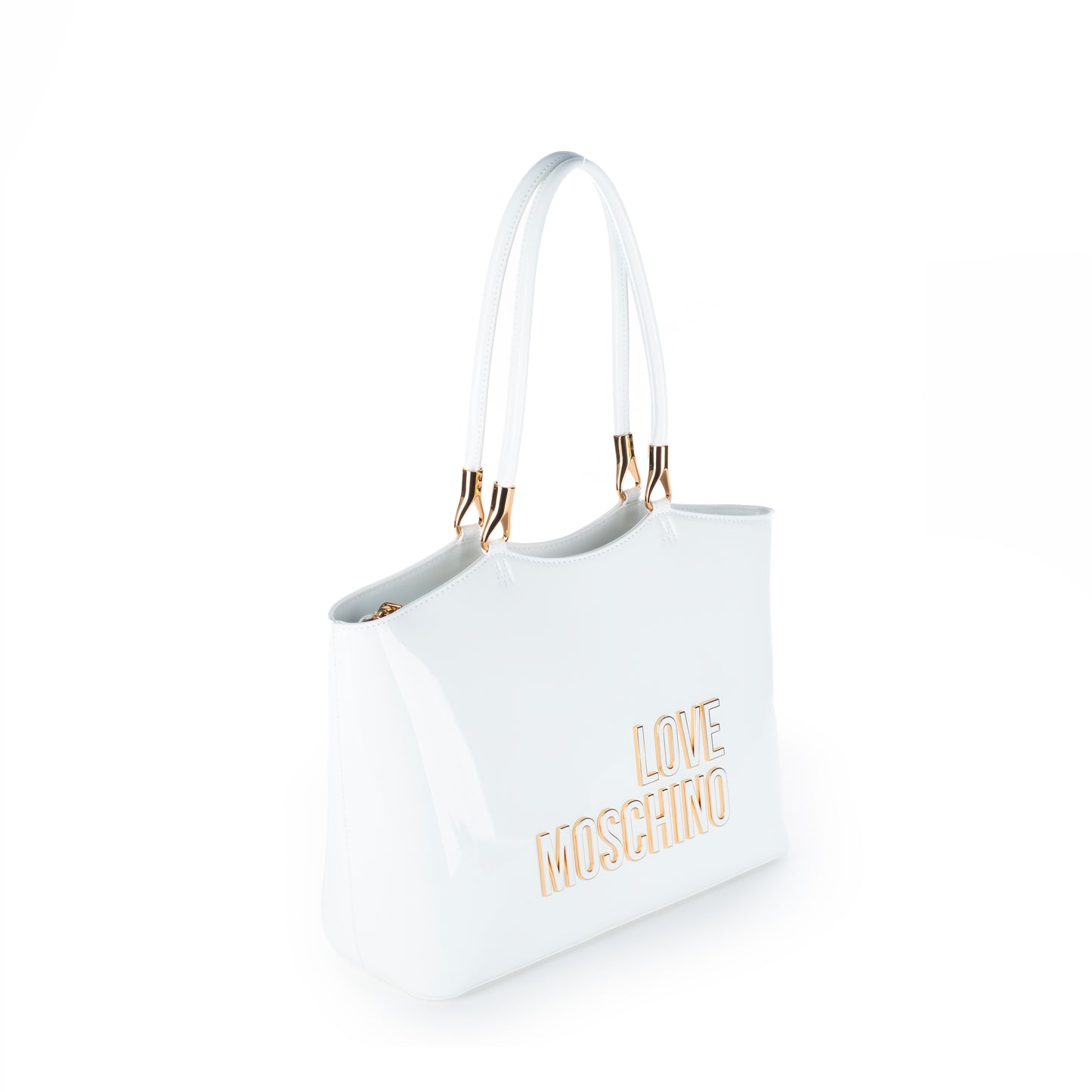 Bolsa Tote Love Moschino Branca com Logo Dourado e Alça de Ombro