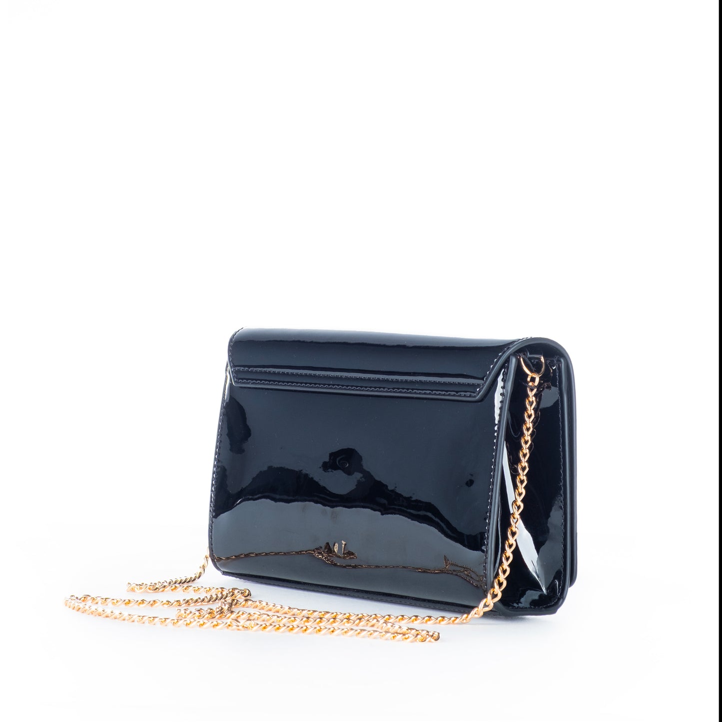 Bolsa Tiracolo Love Moschino Preta Verniz com Logo Dourado e Alça Corrente