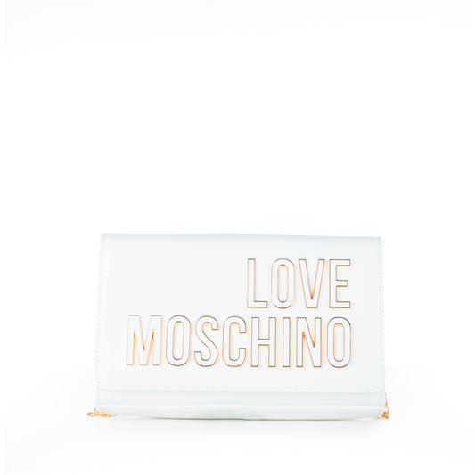 Bolsa Tiracolo Love Moschino Branca Verniz com Logo Dourado e Alça Corrente