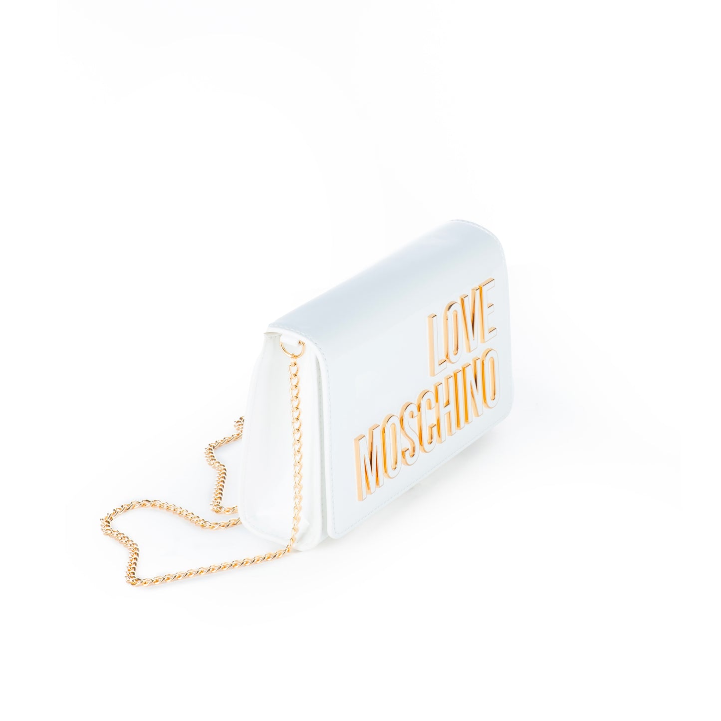 Bolsa Tiracolo Love Moschino Branca Verniz com Logo Dourado e Alça Corrente