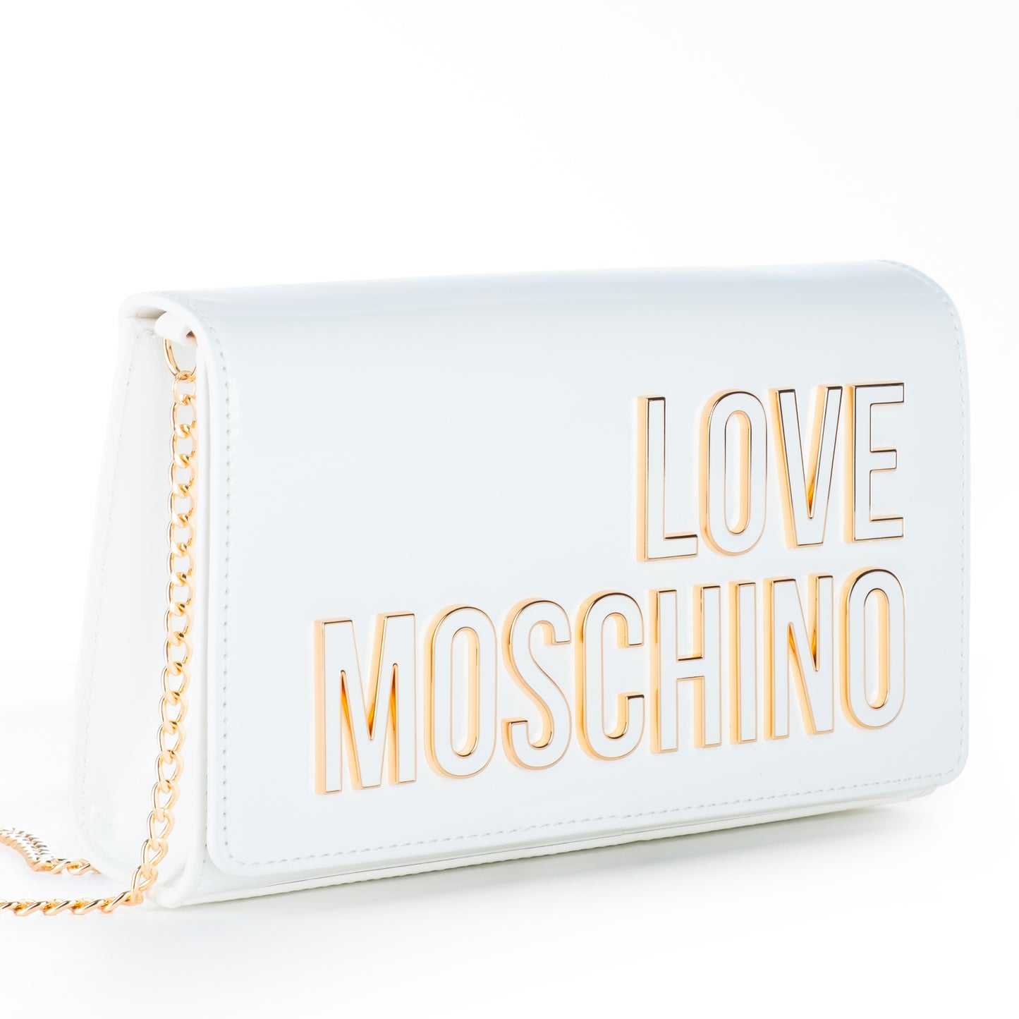 Bolsa Tiracolo Love Moschino Branca Verniz com Logo Dourado e Alça Corrente