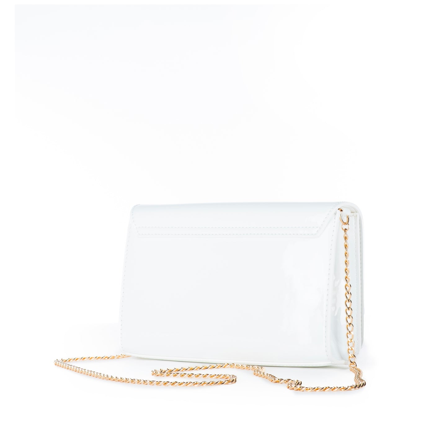 Bolsa Tiracolo Love Moschino Branca Verniz com Logo Dourado e Alça Corrente