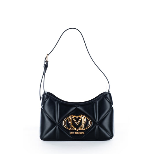 Bolsa Tiracolo Love Moschino Preta Matelassê com Logo Dourado e Alça Ajustável