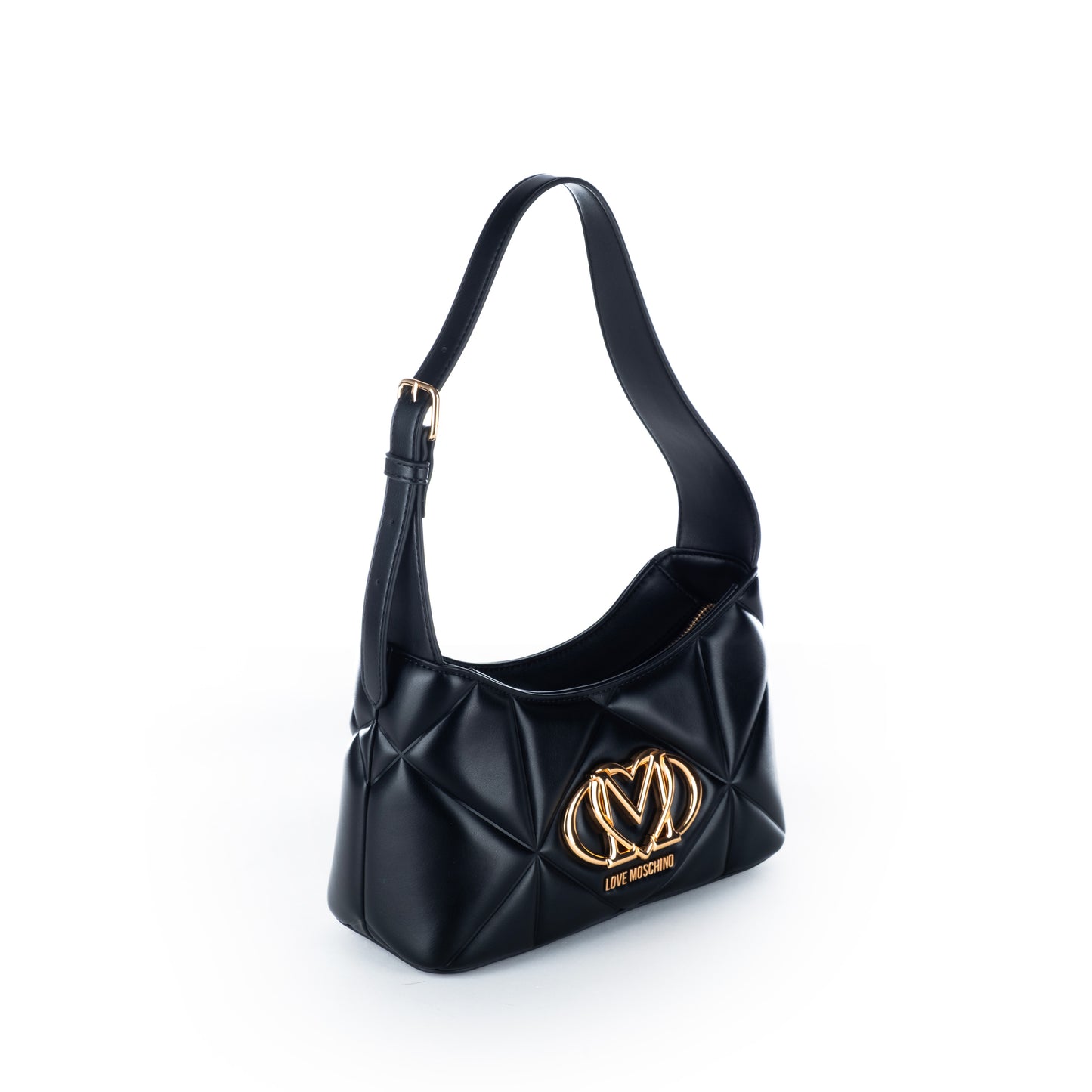 Bolsa Tiracolo Love Moschino Preta Matelassê com Logo Dourado e Alça Ajustável
