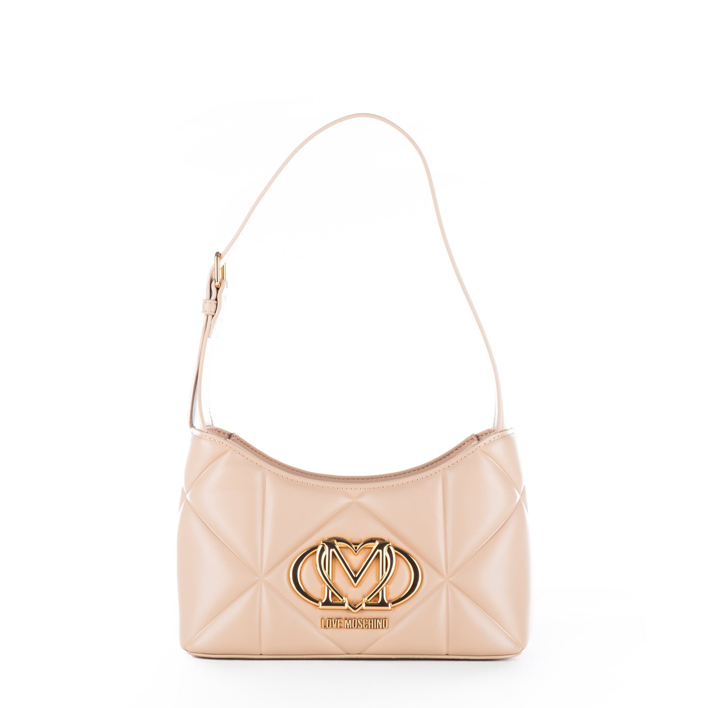Bolsa Tiracolo Love Moschino Bege Matelassê com Logo Dourado e Alça Ajustável