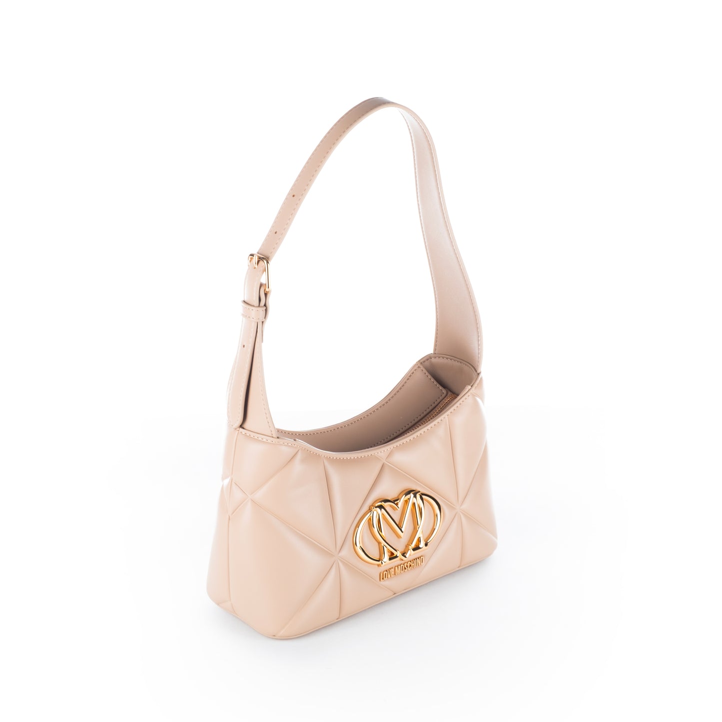 Bolsa Tiracolo Love Moschino Bege Matelassê com Logo Dourado e Alça Ajustável