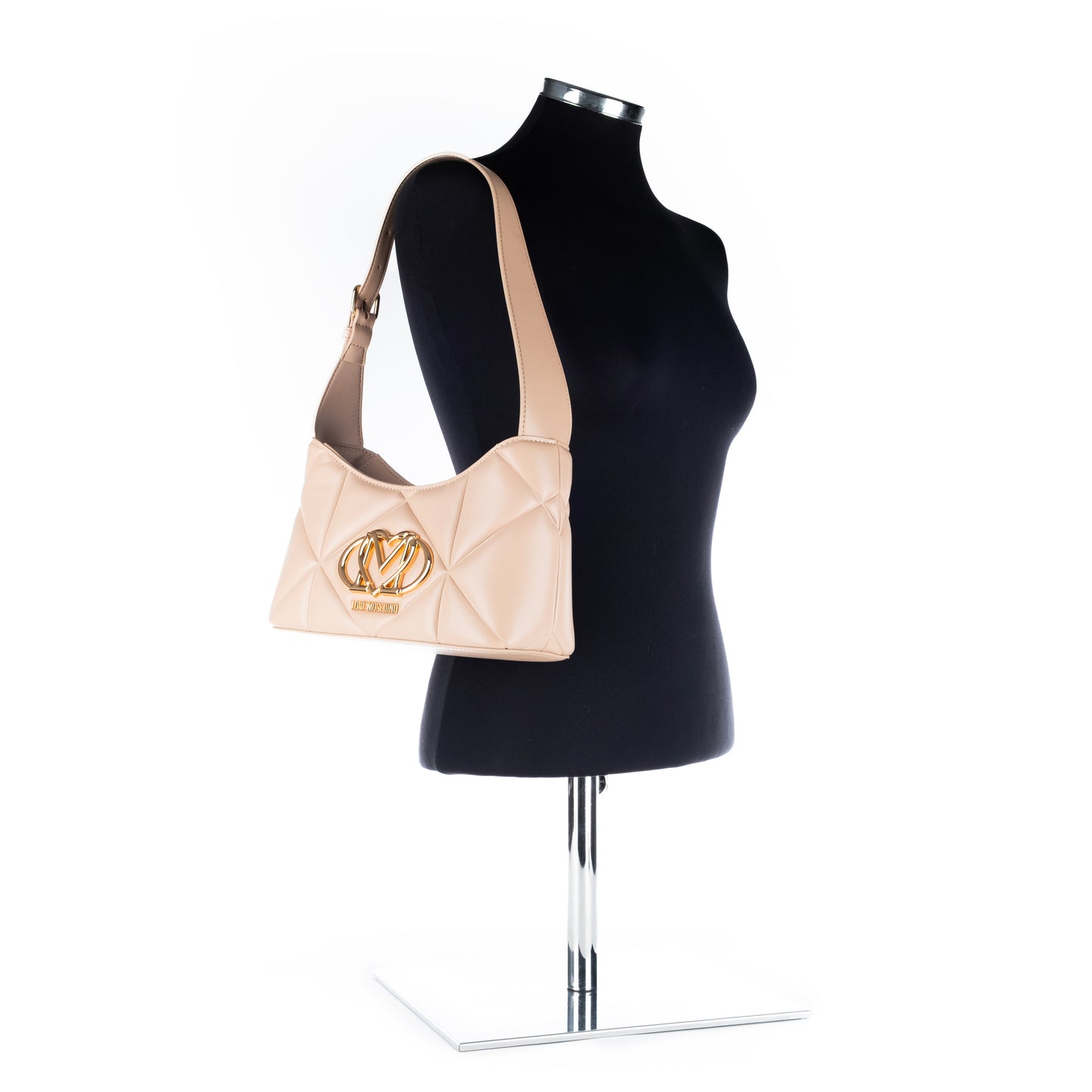 Bolsa Tiracolo Love Moschino Bege Matelassê com Logo Dourado e Alça Ajustável