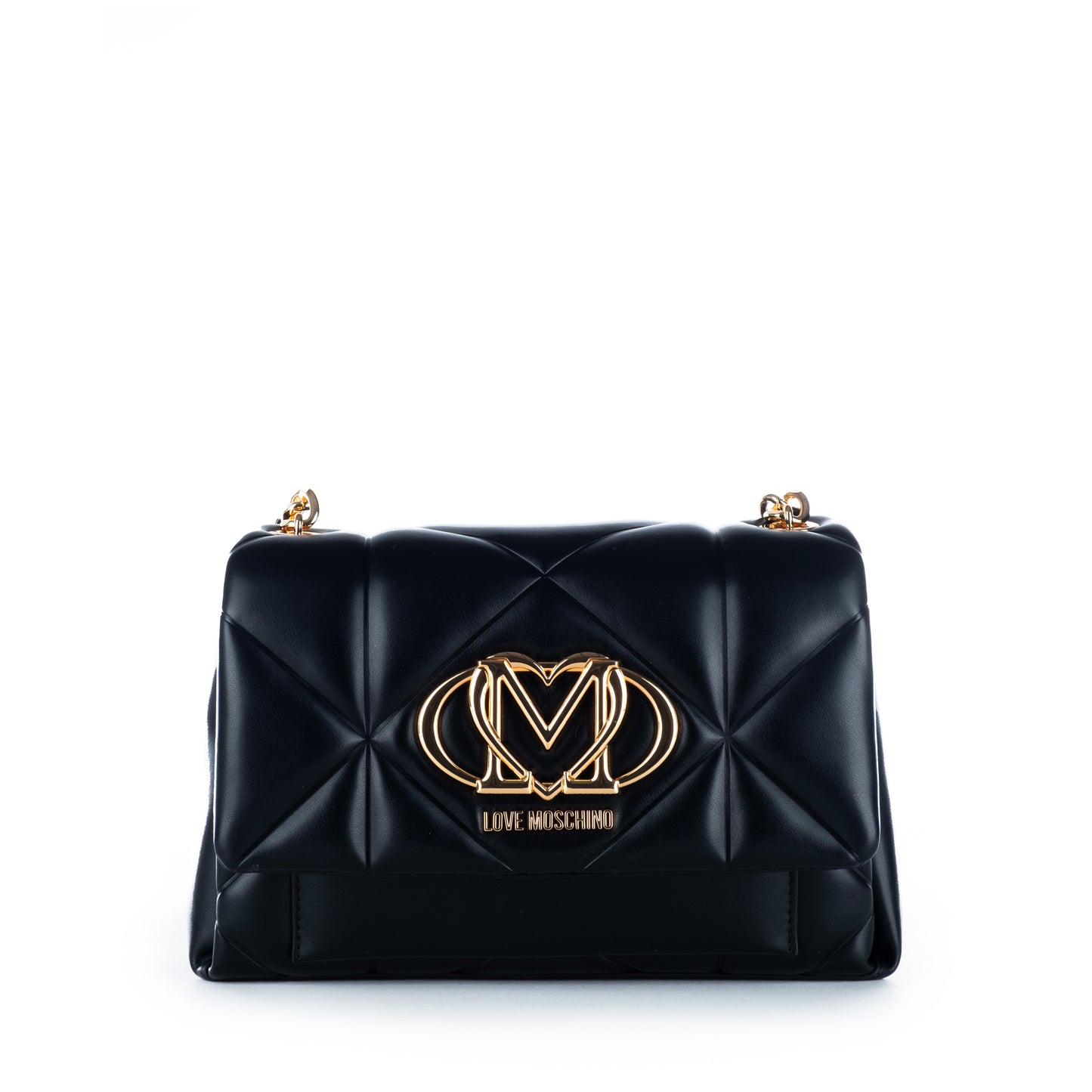 Bolsa Tiracolo Love Moschino Preta Matelassê com Logo Dourado e Corrente