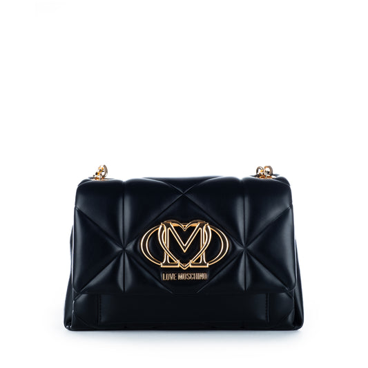 Bolsa Tiracolo Love Moschino Preta Matelassê com Logo Dourado e Corrente