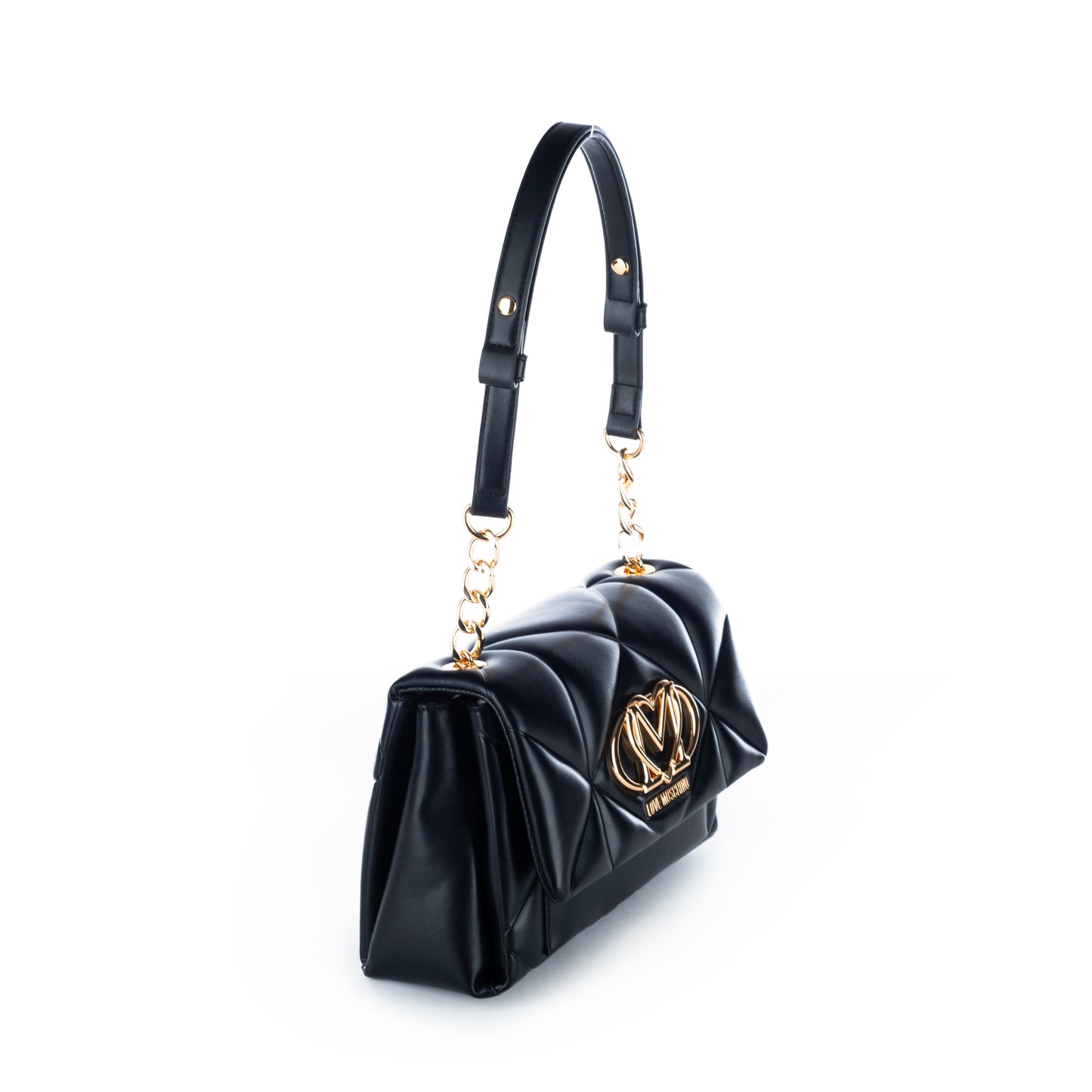 Bolsa Tiracolo Love Moschino Preta Matelassê com Logo Dourado e Corrente