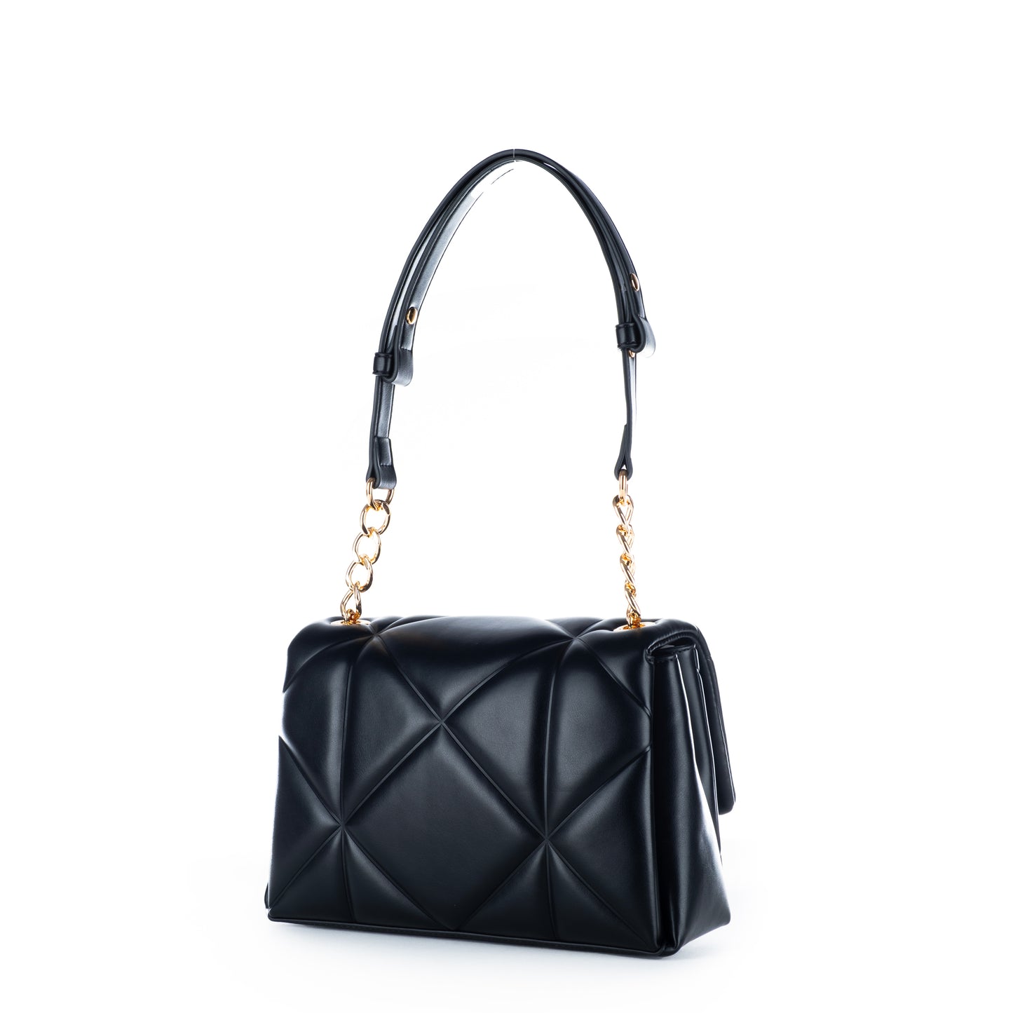 Bolsa Tiracolo Love Moschino Preta Matelassê com Logo Dourado e Corrente