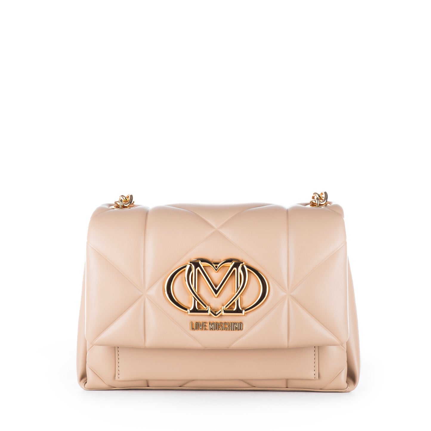 Bolsa Tiracolo Love Moschino Bege Matelassê com Logo Dourado e Corrente