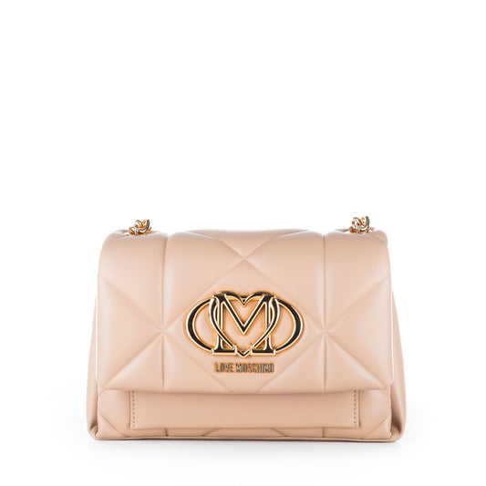 Bolsa Tiracolo Love Moschino Bege Matelassê com Logo Dourado e Corrente