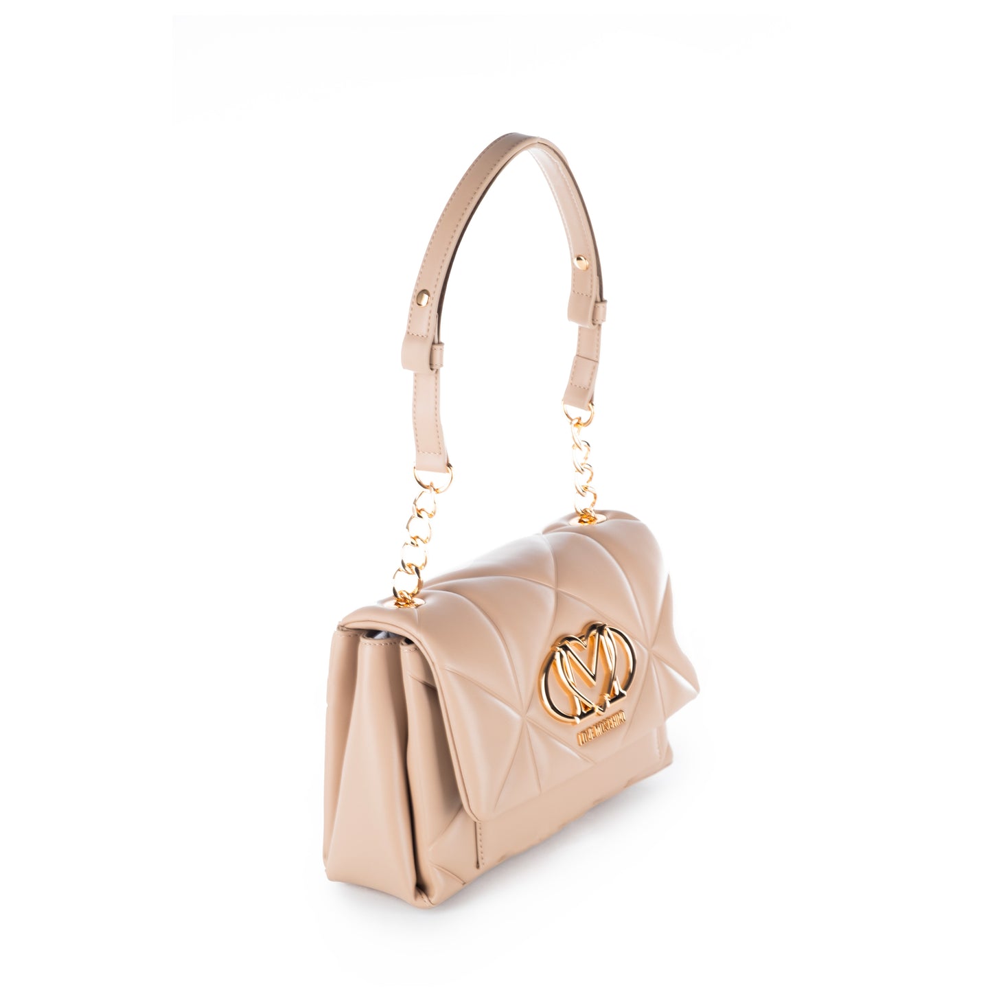 Bolsa Tiracolo Love Moschino Bege Matelassê com Logo Dourado e Corrente