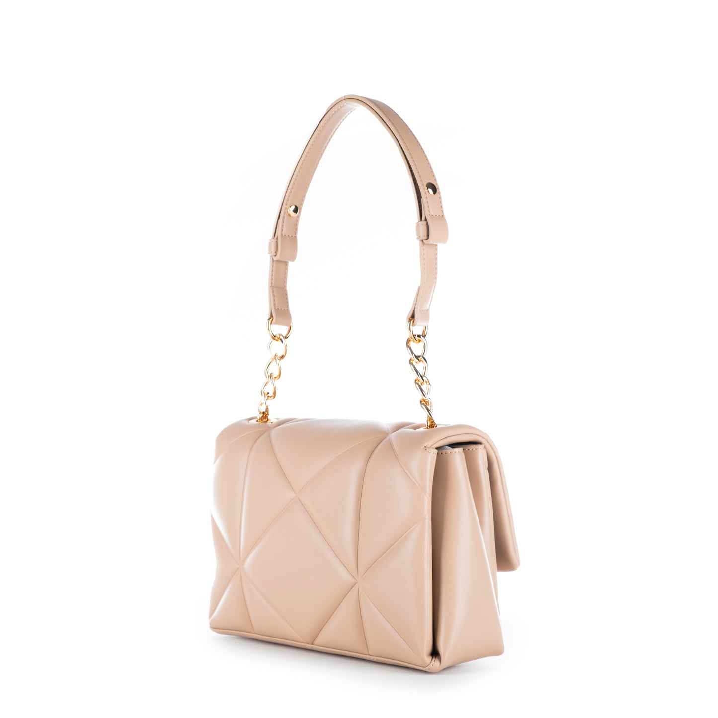 Bolsa Tiracolo Love Moschino Bege Matelassê com Logo Dourado e Corrente