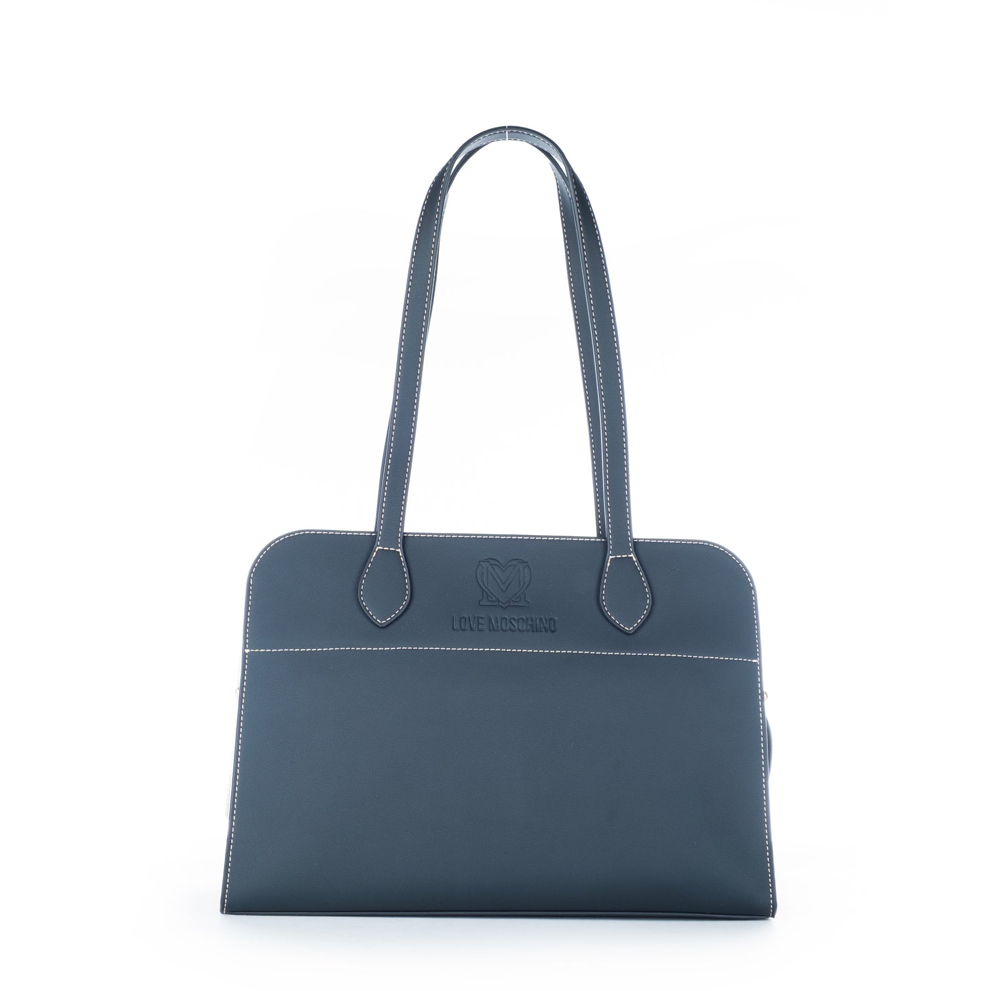 Bolsa de Ombro Love Moschino Azul com Logo Dourado e Alças Longas