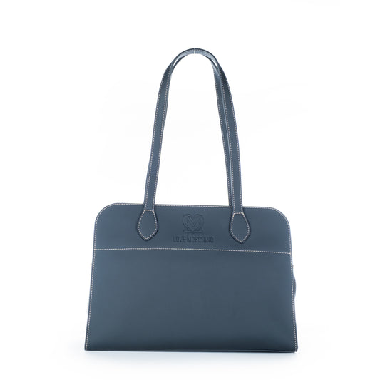 Bolsa de Ombro Love Moschino Azul com Logo Dourado e Alças Longas