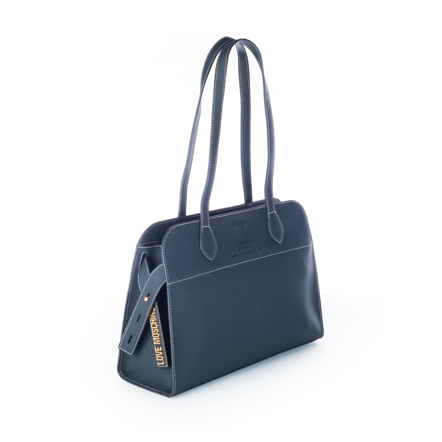 Bolsa de Ombro Love Moschino Azul com Logo Dourado e Alças Longas