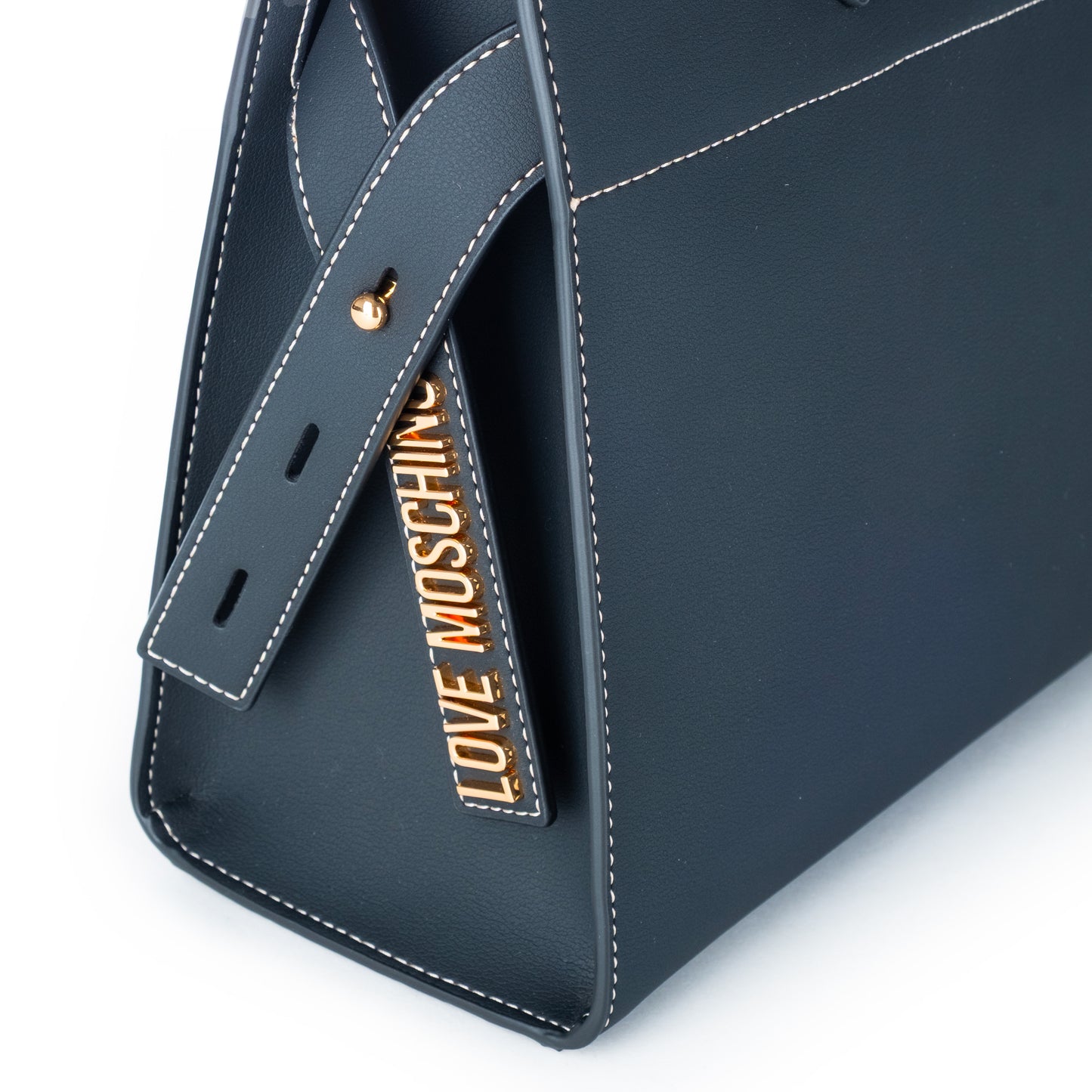 Bolsa de Ombro Love Moschino Azul com Logo Dourado e Alças Longas