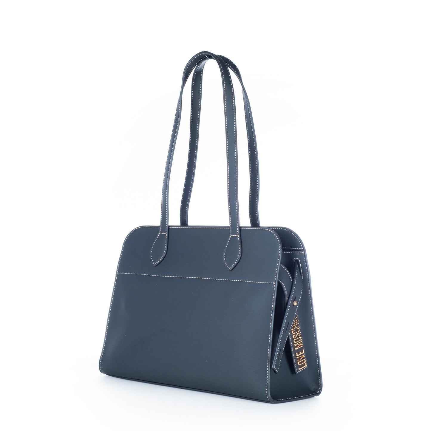 Bolsa de Ombro Love Moschino Azul com Logo Dourado e Alças Longas