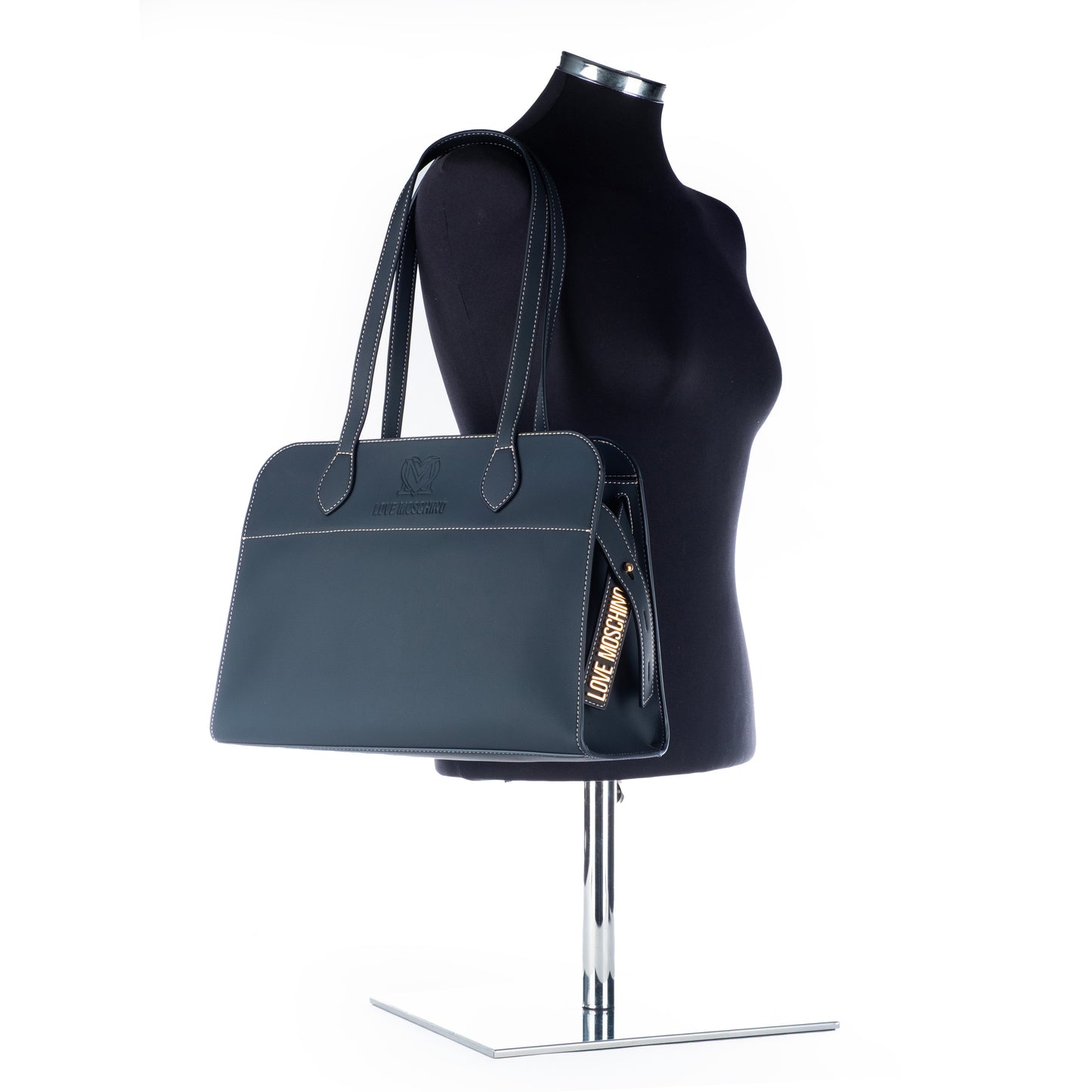 Bolsa de Ombro Love Moschino Azul com Logo Dourado e Alças Longas