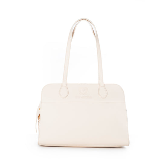 Bolsa de Ombro Love Moschino Bege com Logo Dourado e Alças Longas
