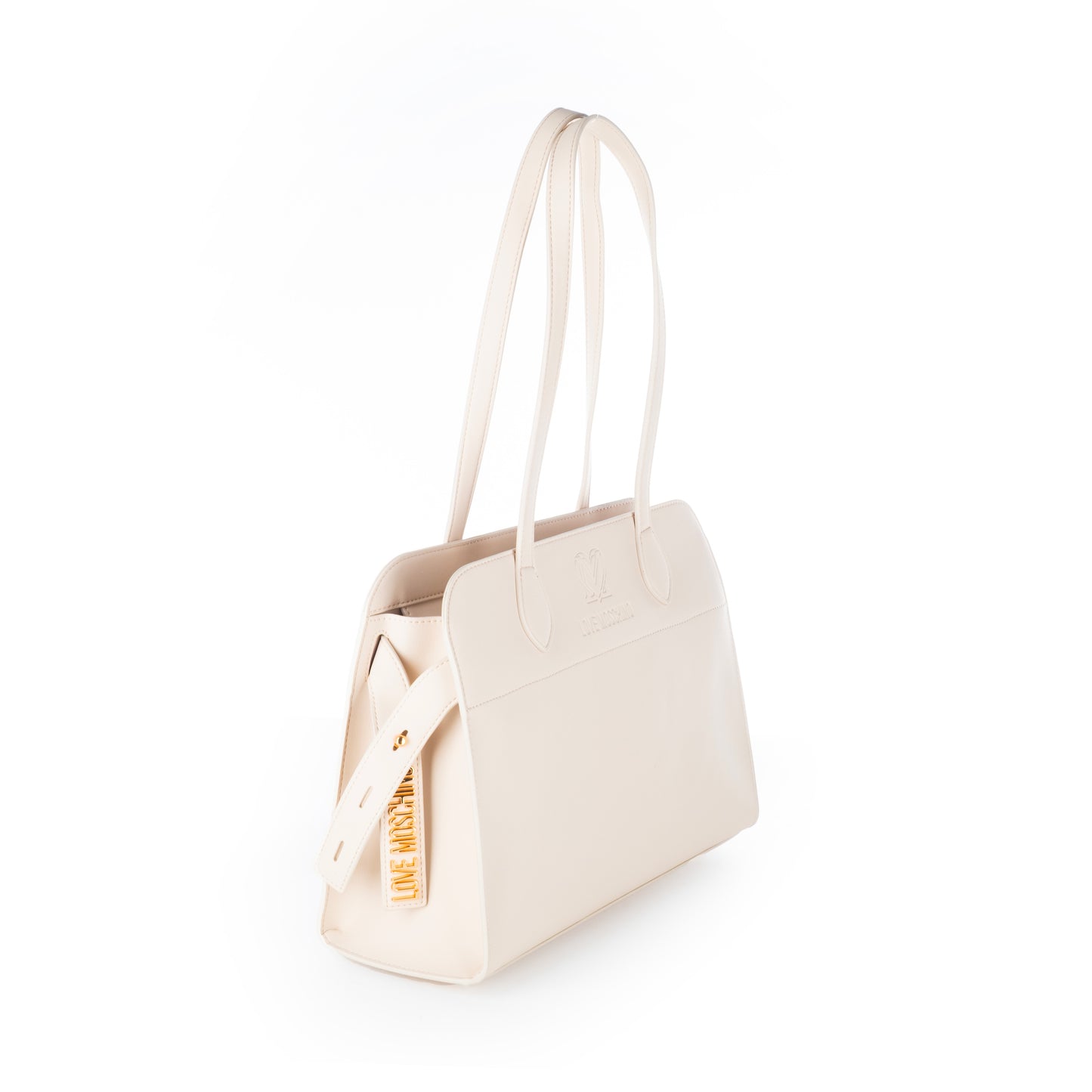 Bolsa de Ombro Love Moschino Bege com Logo Dourado e Alças Longas