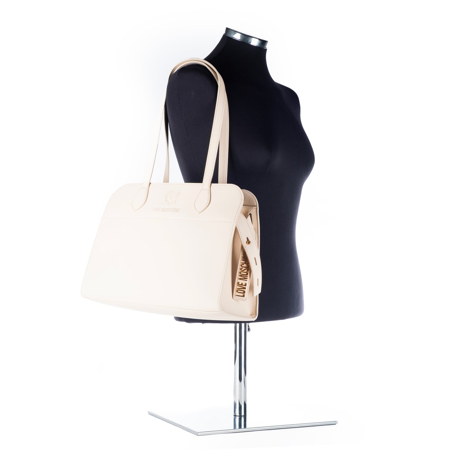 Bolsa de Ombro Love Moschino Bege com Logo Dourado e Alças Longas