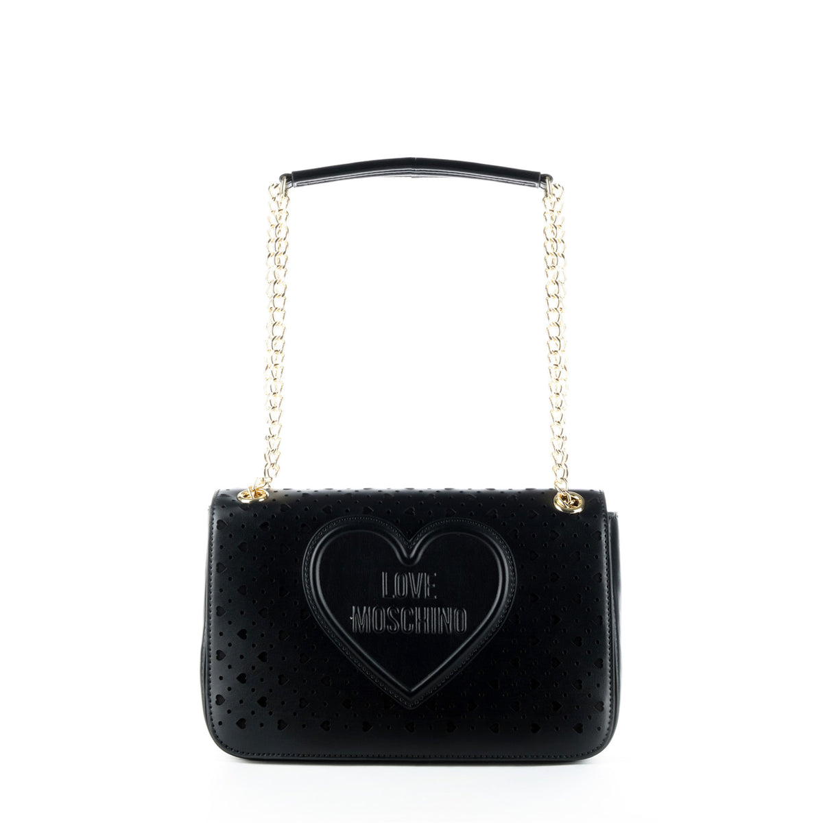 Bolsa Tiracolo Love Moschino Preta com Recortes e Corrente Dourada