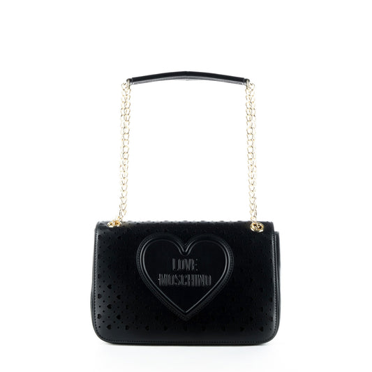 Bolsa Tiracolo Love Moschino Preta com Recortes e Corrente Dourada