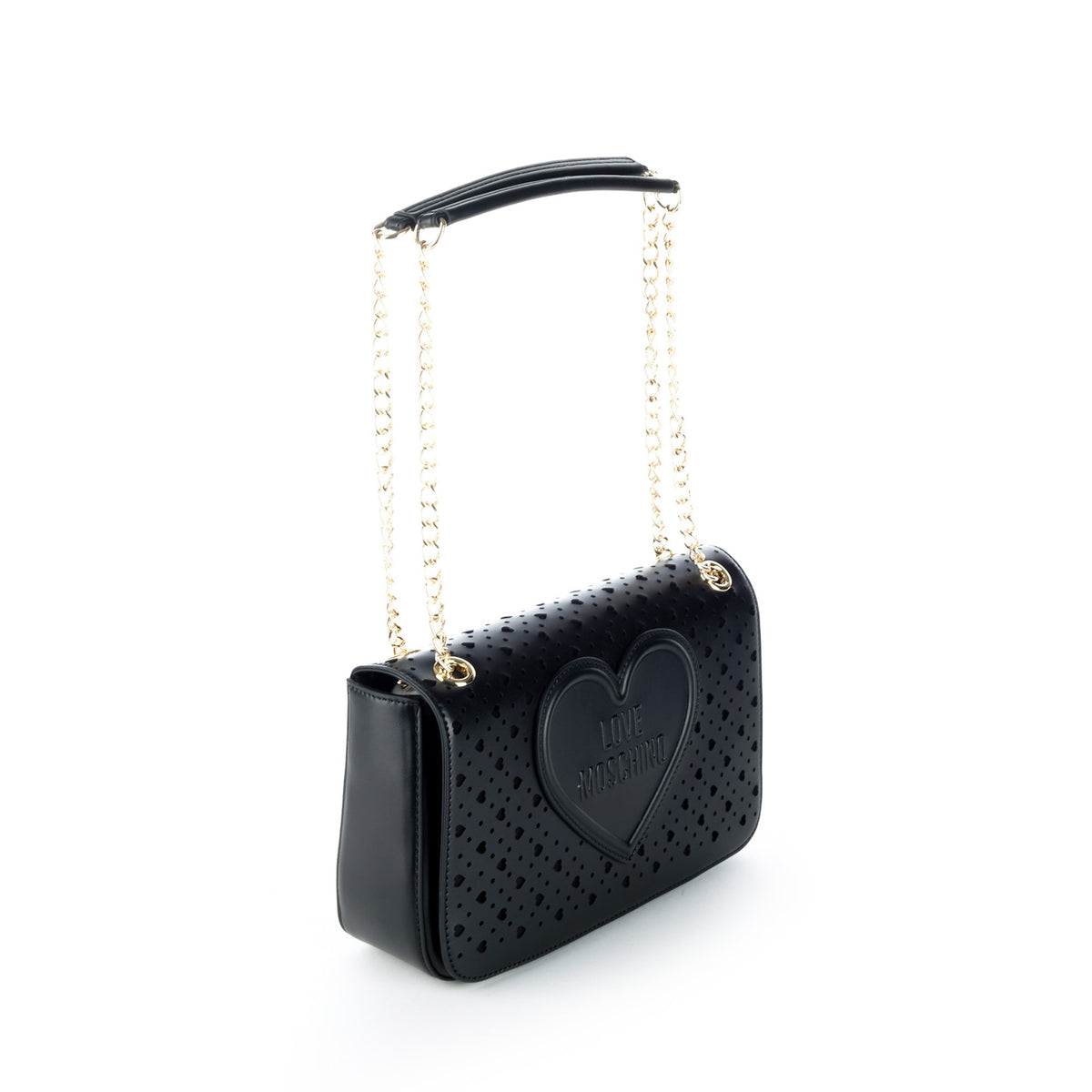 Bolsa Tiracolo Love Moschino Preta com Recortes e Corrente Dourada