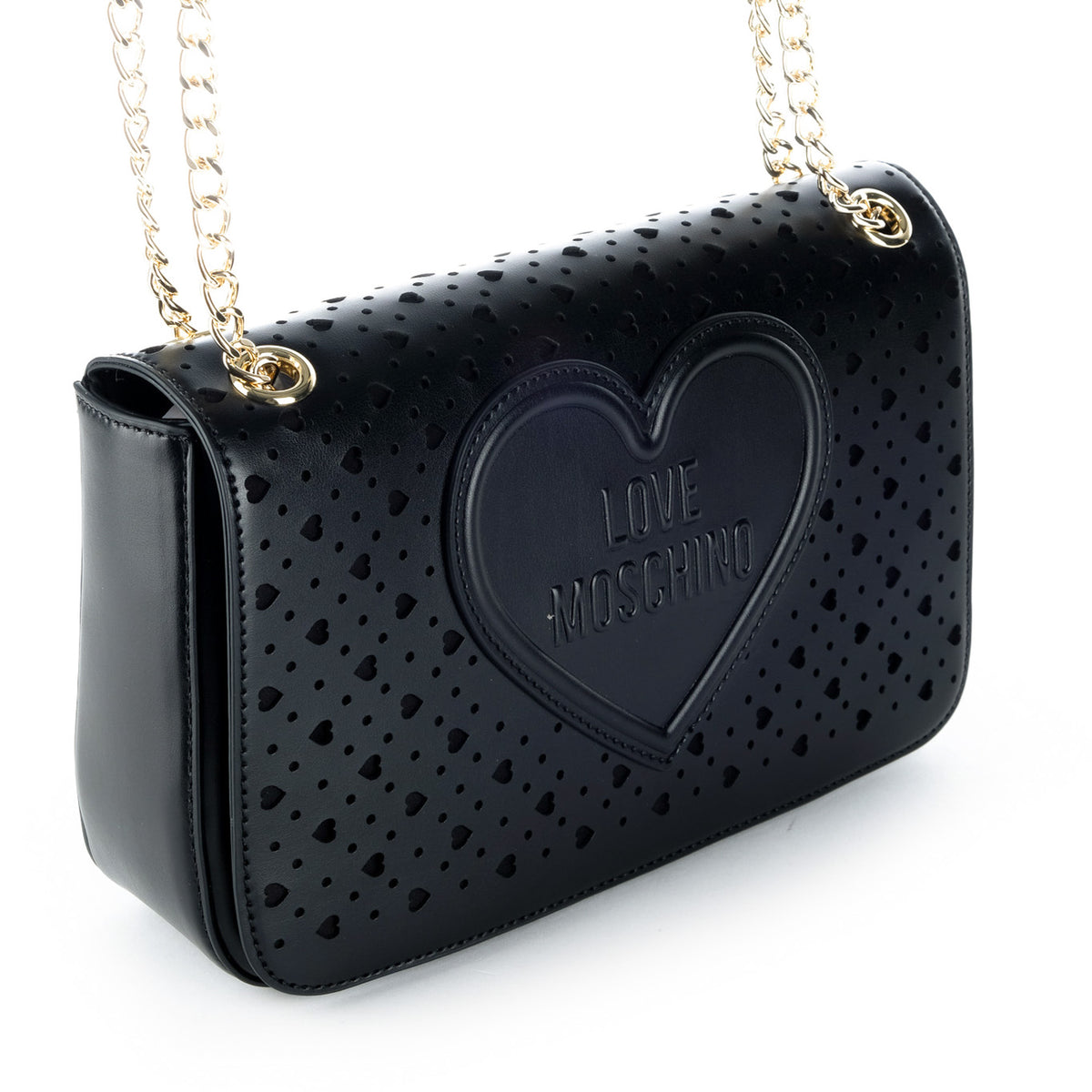 Bolsa Tiracolo Love Moschino Preta com Recortes e Corrente Dourada