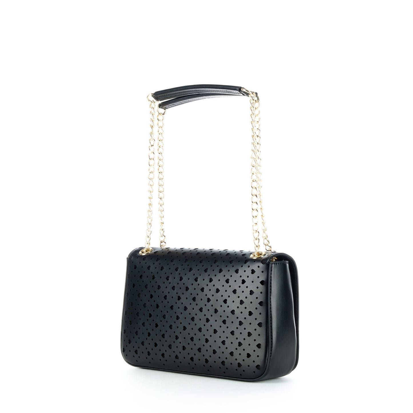 Bolsa Tiracolo Love Moschino Preta com Recortes e Corrente Dourada