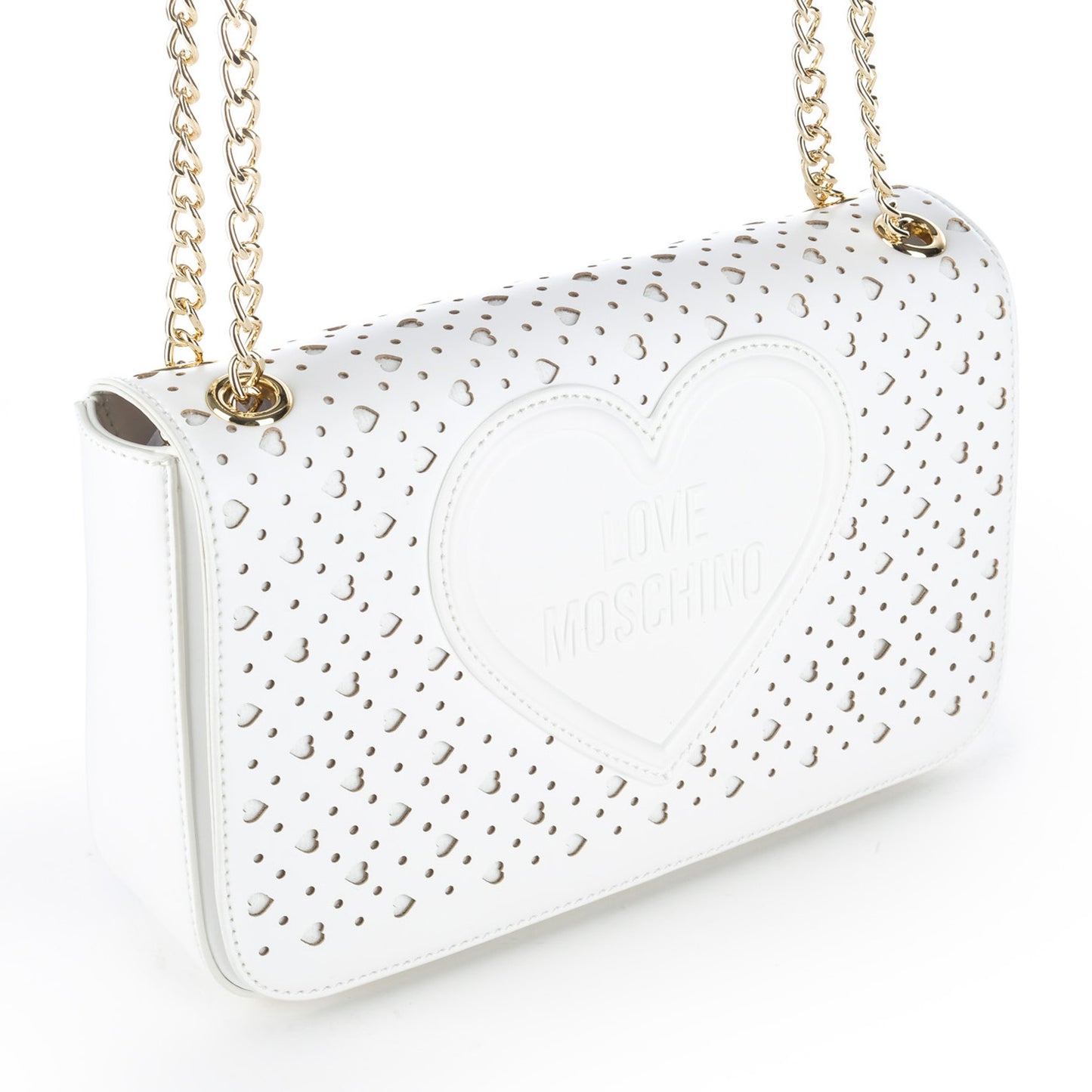 Bolsa Tiracolo Love Moschino Branca com Recortes e Corrente Dourada