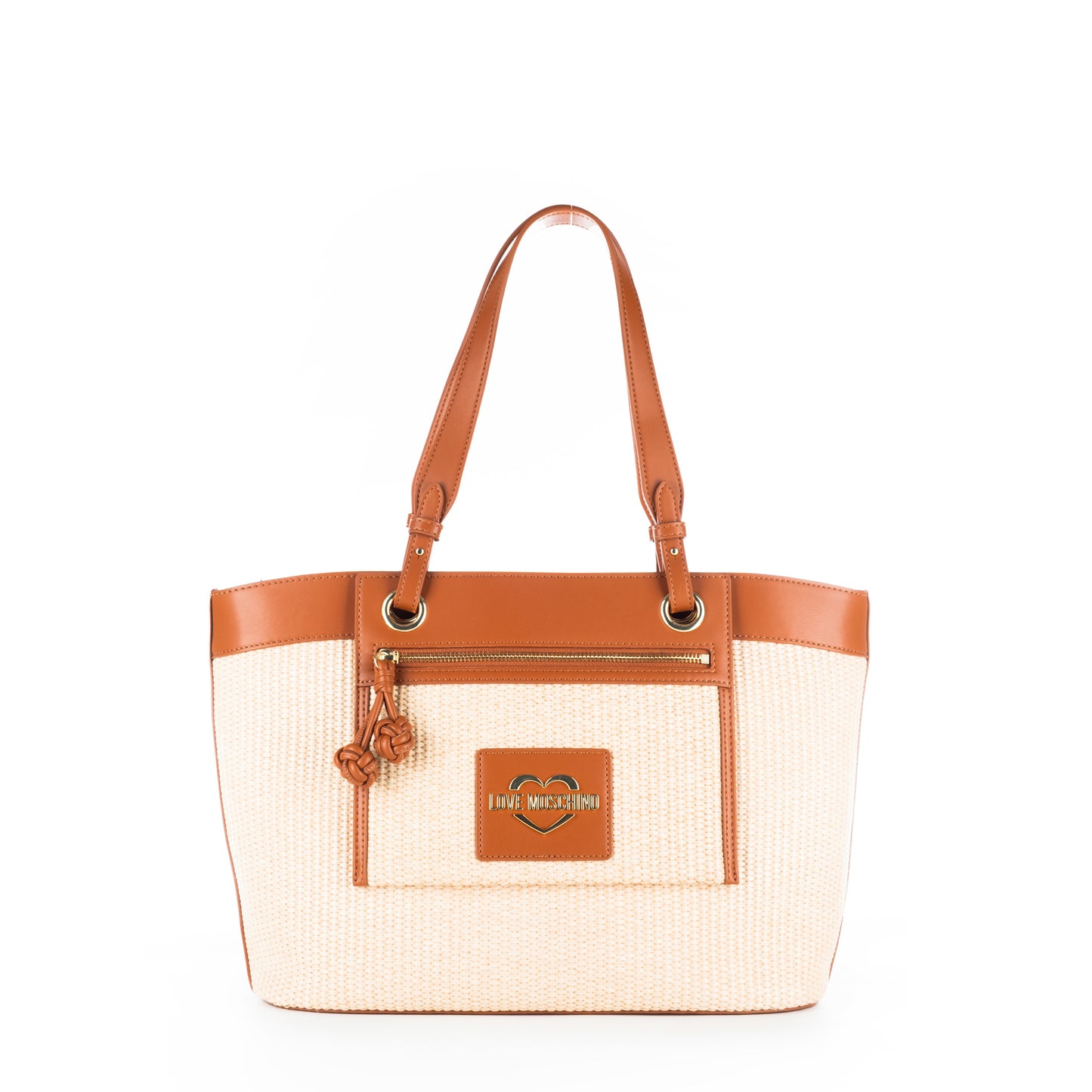 Bolsa Tote Love Moschino Bege e Branca com Logo e Detalhes Camel