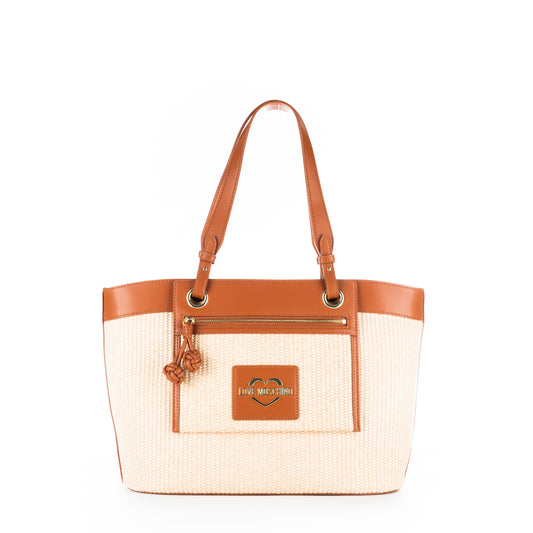 Bolsa Tote Love Moschino Bege e Branca com Logo e Detalhes Camel