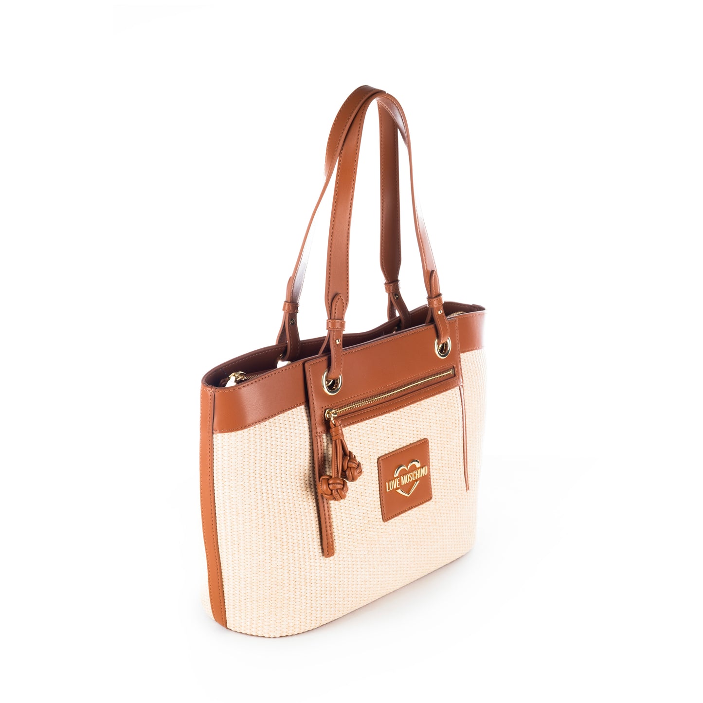 Bolsa Tote Love Moschino Bege e Branca com Logo e Detalhes Camel