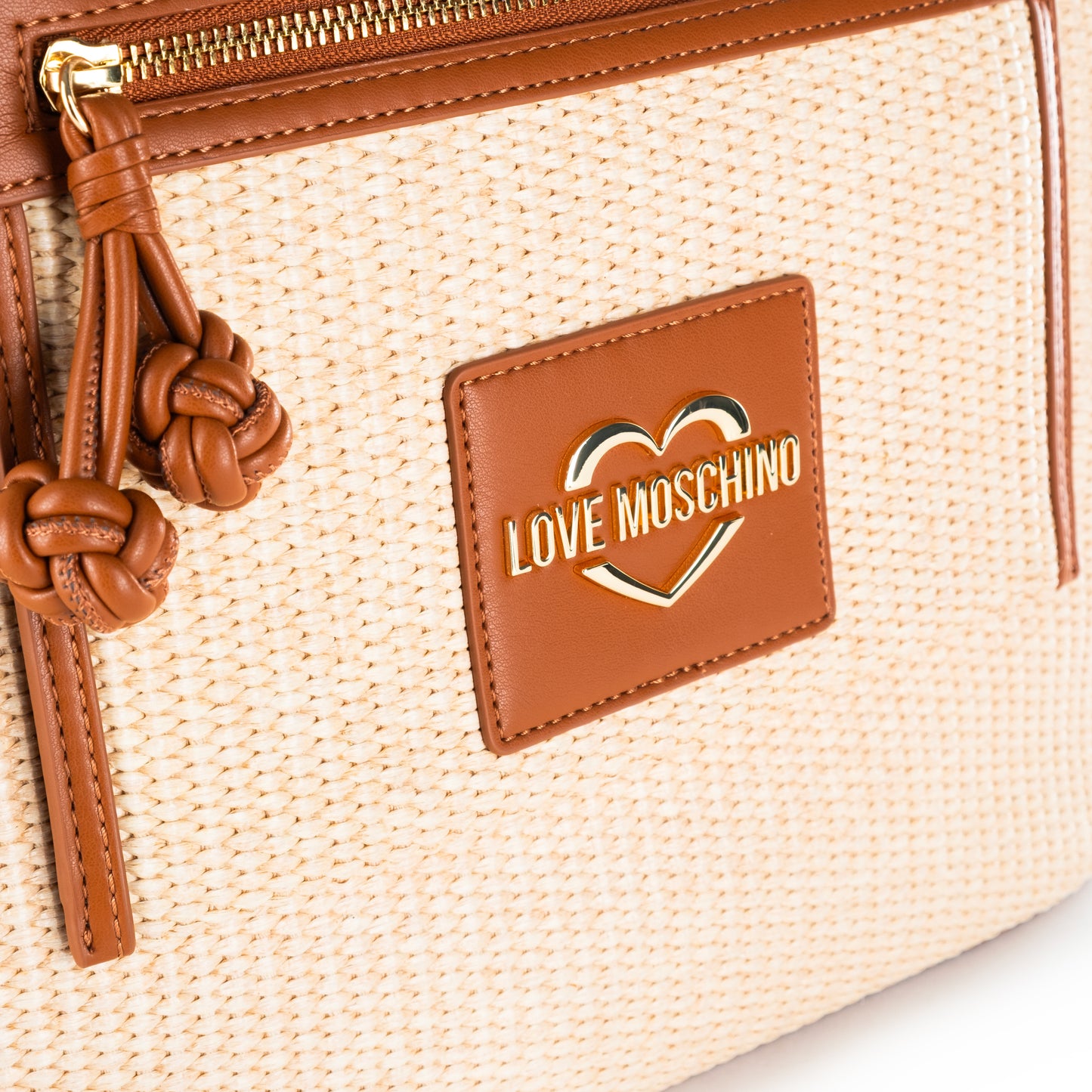 Bolsa Tote Love Moschino Bege e Branca com Logo e Detalhes Camel
