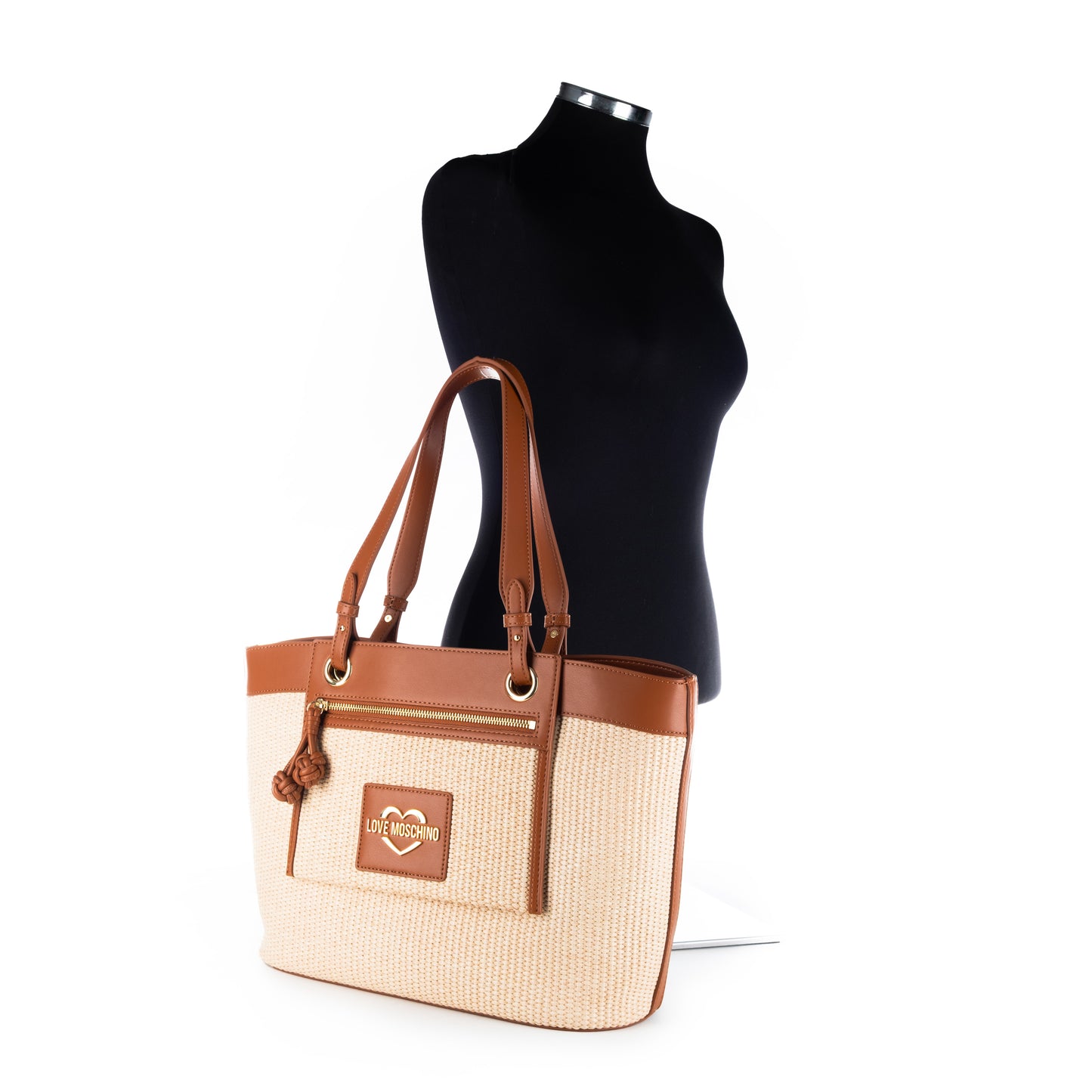 Bolsa Tote Love Moschino Bege e Branca com Logo e Detalhes Camel