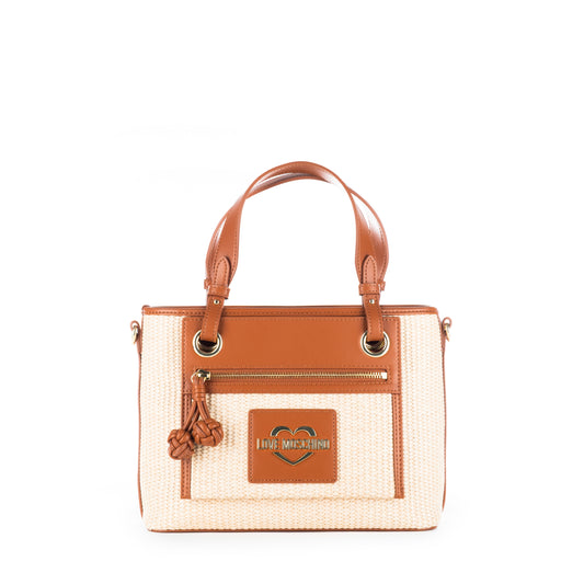 Bolsa Satchel Love Moschino Bege e Branca com Detalhes Camel e Alça Dupla