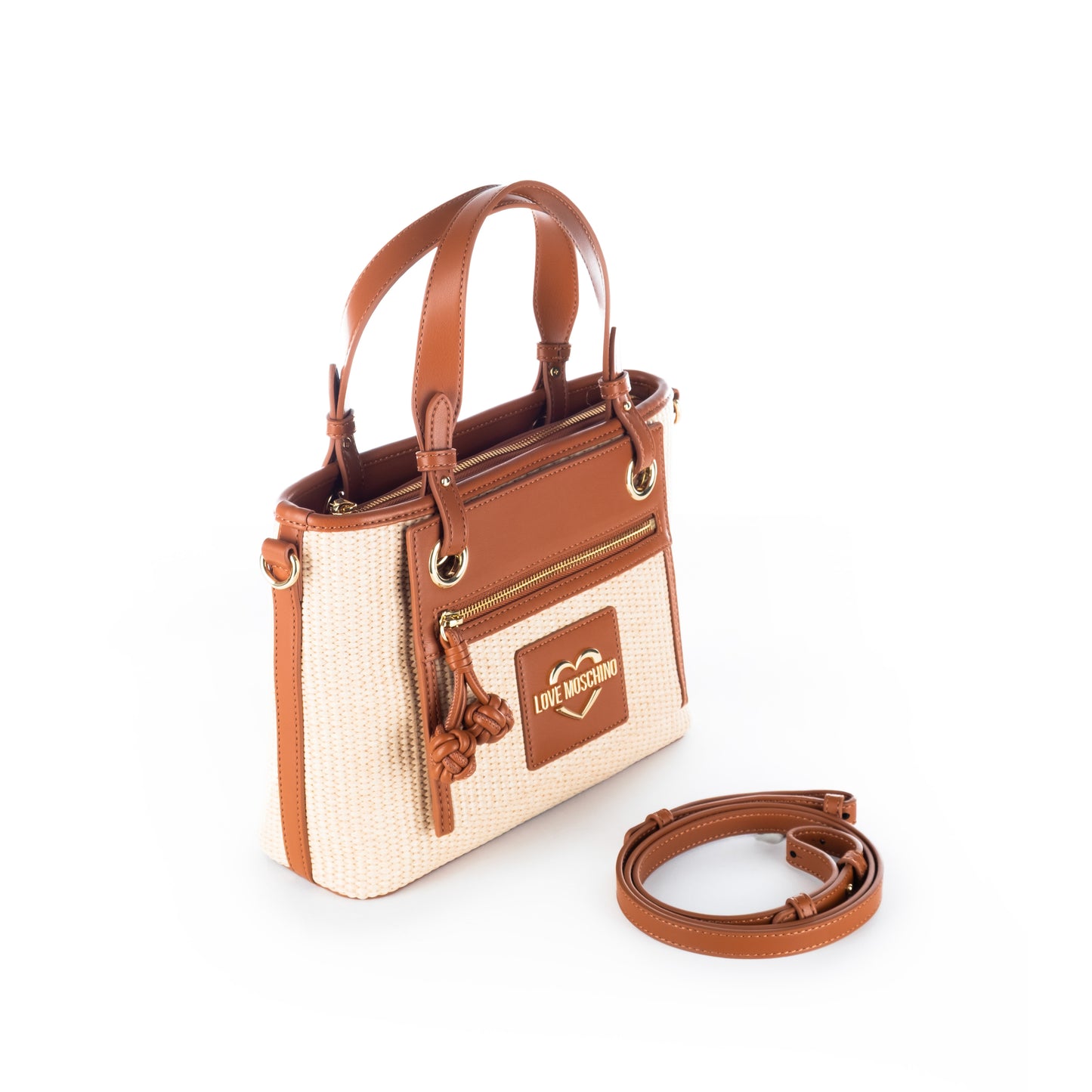 Bolsa Satchel Love Moschino Bege e Branca com Detalhes Camel e Alça Dupla