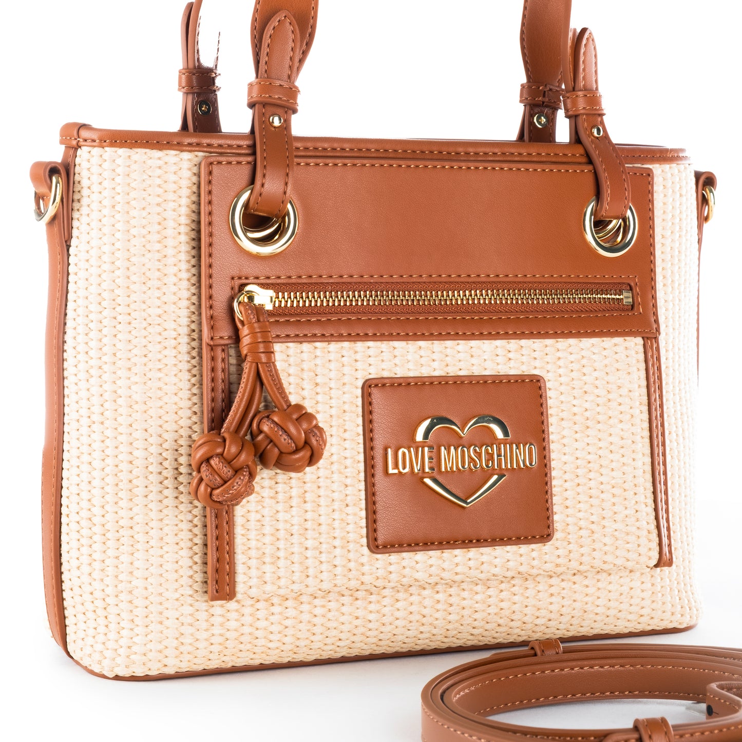Bolsa Satchel Love Moschino Bege e Branca com Detalhes Camel e Alça Dupla